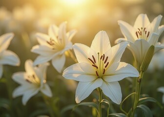 Obraz premium White Lilies in Bloom with Golden Sunlight and Soft Garden Background