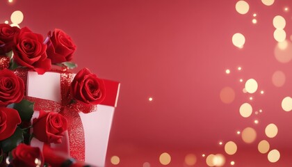Obraz premium Romantic Red Roses and Gift Box on Red Background with Glitter