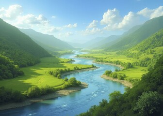 Lush Green Valley with Winding River and Distant Mountains Under Blue Sky
