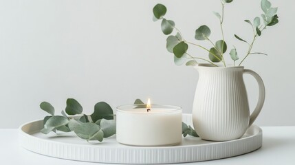 Fototapeta premium Eucalyptus and a Burning Candle on a White Tray