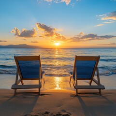 Two beach chairs on sand at sunset with golden light reflecting on the ocean water