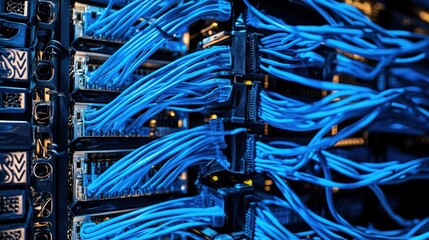 Close up of server rack with blue network cables connecting data center hardware