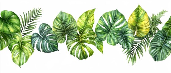 Tropical foliage watercolor illustration of monstera and palm leaves on white background