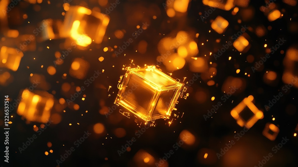 Poster futuristic abstract background featuring glowing orange cubes with dynamic light and shimmering part