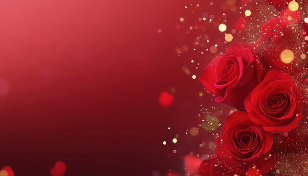 Romantic Red Roses with Golden Glitter and Soft Focus Background for Valentines Day or Wedding Invitation
