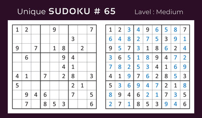 Vector sudoku puzzle with answer. Sudoku, number puzzle game with numbers for kids and adults.