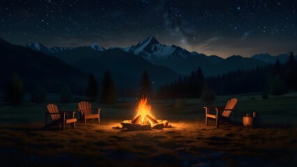 Camping in the mountains at night video footage, with bonfire, and tend, beautiful view background looping scenery 4k quality Generative AI
