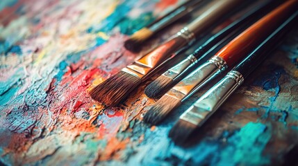 Paintbrushes on colorful palette, studio, art supplies