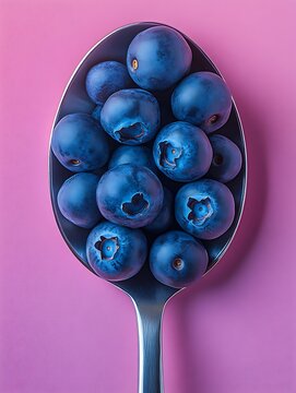 A zoomed-in image of fresh blueberries arranged artistically in a spoon on a kitchen countertop, with a pastel-colored background