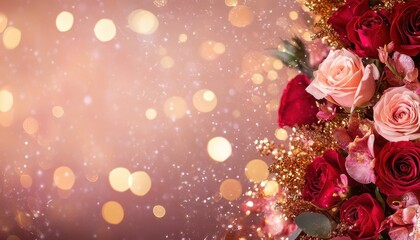 Romantic Rose Bouquet with Gold Glitter and Soft Lighting