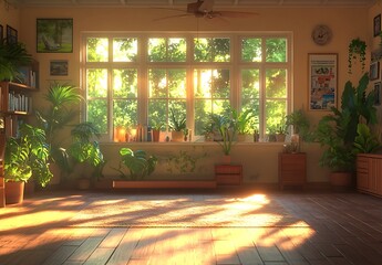 Fototapeta premium Sunlit Room with Plants, Bookshelf, and Wooden Floor