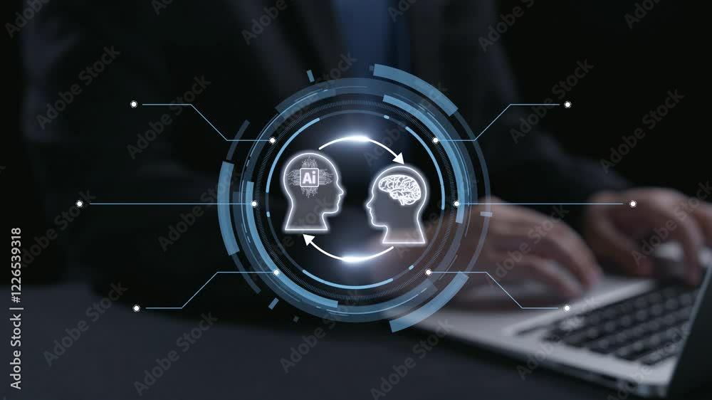Poster human interact with ai artificial intelligence brain processor in concept of ai artificial intellige