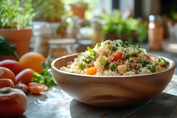 Detailed image of quinoa beautifully arranged in a wooden bowl, placed on a kitchen table, surrounded by natural light and a rustic setting