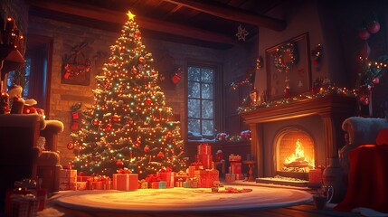 Festive christmas tree cozy living room gigapixel cgi holiday atmosphere warm glow