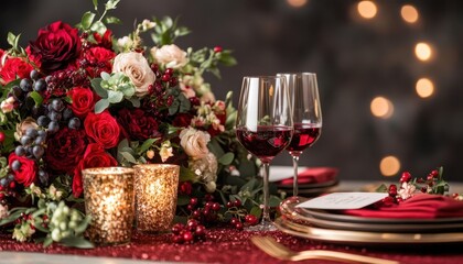 Romantic Table Setting with Red Roses and Wine Glasses