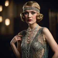 A glamorous flapper dress from the 1920s, covered in beads and fringes, perfect for a Gatsby-style party.