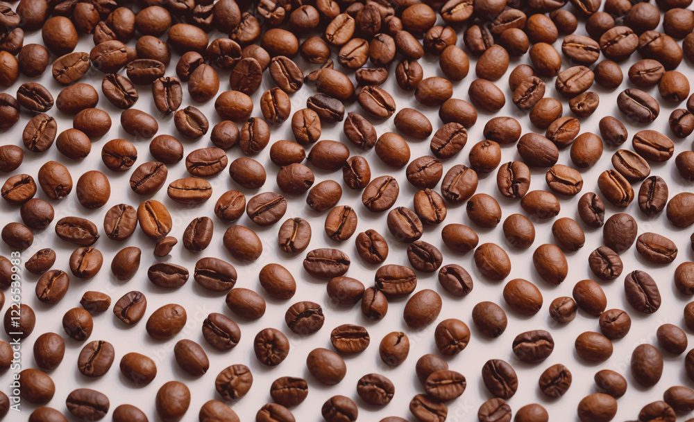 Poster a close up of coffee beans on a white background. the beans are spread out in a pattern, with some o