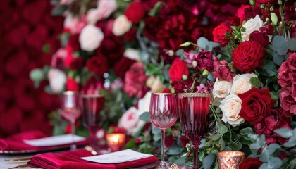 Romantic Wedding Table Setting with Lush Red and Ivory Roses