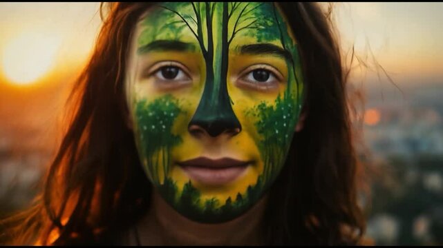 Activist with a Painted Face Depicting a Forest to Advocate for Environmental Conservation