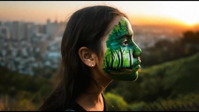 Activist with a Painted Face Depicting a Forest to Advocate for Environmental Conservation