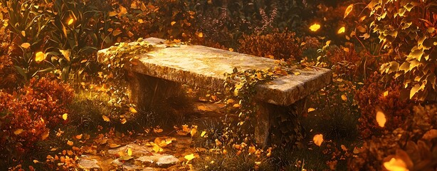 Moss Covered Stone Bench Surrounded by Autumn Foliage in a Tranquil Forest Landscape