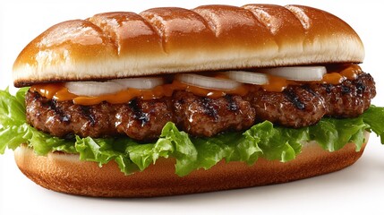 Delicious burger with meat patties lettuce onion and sauce on a long bun against white background