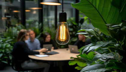 A glowing Edison bulb hangs above a blurred background of people working in a modern, plant-filled office, symbolizing ideas, innovation, and collaboration.