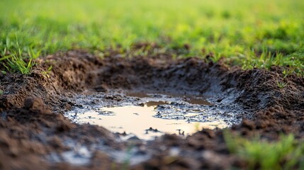 Small puddle reflecting sky in a muddy hole surrounded by green grass in soft light