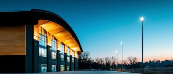 Fototapeta premium Modern Architecture Dusk Illuminated Wood Glass Building