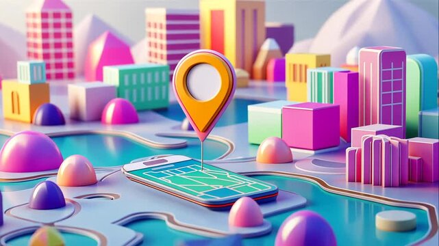 3D Map with Colorful Location Pins and Navigation Icons in a Digital Design