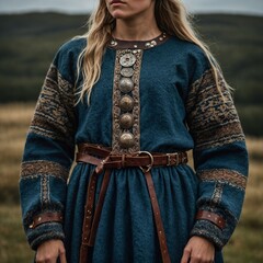 A Nordic Viking-era tunic dress made of wool, adorned with metal brooches and leather belts.