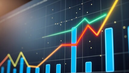 A digital screen displaying a line graph with multiple colored lines moving upward, over a dark grid background with glowing data points