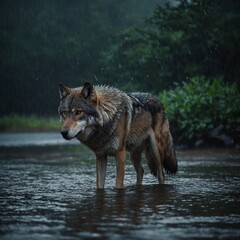 Fototapeta premium A lone wolf standing in a shallow river during a rainstorm.