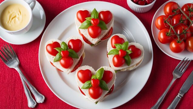 Valentine s breakfast heart shaped sandwiches topped with cherry tomato hearts basil and cream cheese Vegetarian festive dish Decorative view from above ample