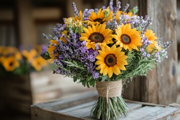 Rustic Charm: Sunflowers and Lavender Bouquet Captured in Stunning Detail, Nature's Beauty Displayed