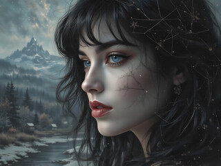 Naklejka premium Mystical Woman, Winter Landscape Portrait - Dark fantasy