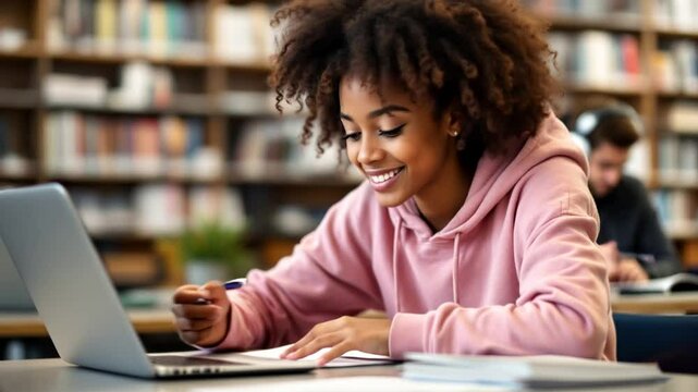 Black american girl student with curly brown hair wearing a pink hoodie smiling while studying at a desk