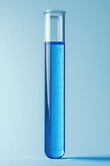 Glass test tube filled with blue liquid against a light blue background for science research