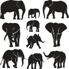 Elephant Silhouettes Minimalist Wildlife Art with Elegant Line Details