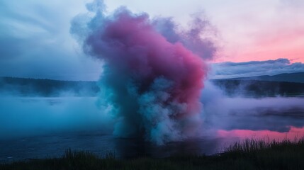 Obraz premium Colorful Smoke Plume Rises Over Still Water at Dusk
