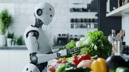 A humanoid robot arranging fresh groceries on a kitchen counter in a modern kitchen, focusing on neatness and clean setup, Culinary style