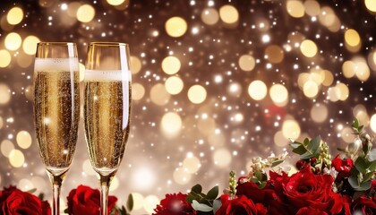 Two Champagne Flutes with Red Roses and Sparkling Lights Festive Celebration