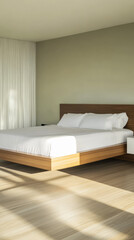 Modern minimalist bedroom design with wooden furniture and natural light