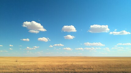 Fototapeta premium Expansive golden prairie under a vibrant blue sky scattered with fluffy white clouds.