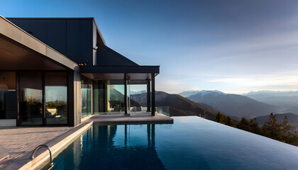 Obraz premium Luxurious Modern Black House with Infinity Pool and Stunning Mountain View