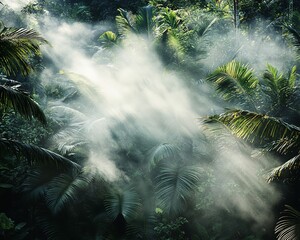 Naklejka premium Sunbeams pierce misty tropical jungle canopy.