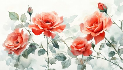 Watercolor Painting of Delicate Pink and Red Roses in Full Bloom