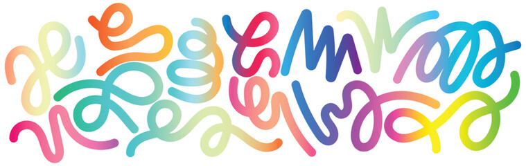 Set of Abstract Lines with Gradient texture.  Wavy Color Shape Vector Graphic Design. Dynamic Geometric Pattern. Background with Color Waves. Illustration of Squiggle Rainbow Ribbons.