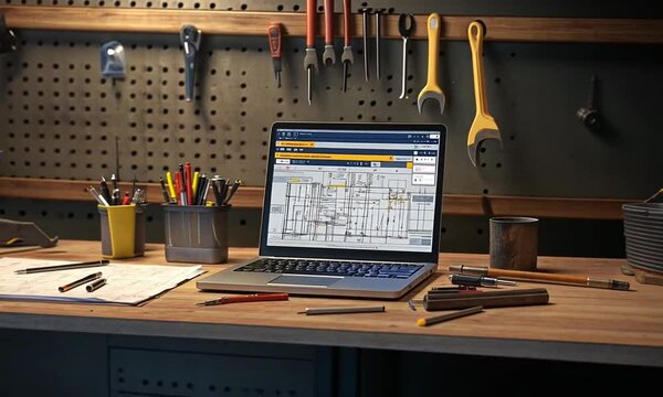 Workspace with laptop displaying architectural plans, surrounded by tools and stationery on a wooden desk