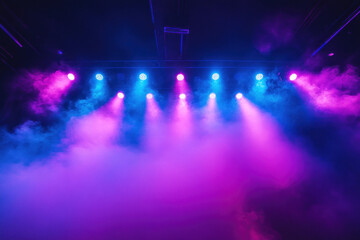 Stage lit up in purple and blue lights with a silhouetted figure playing an electric guitar passionately.